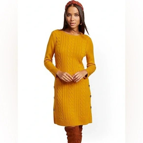 New York & Company | Dresses | Ny Co Cable Knit Sweater Dress With Button  Detail Mustard Size Small | Poshmark